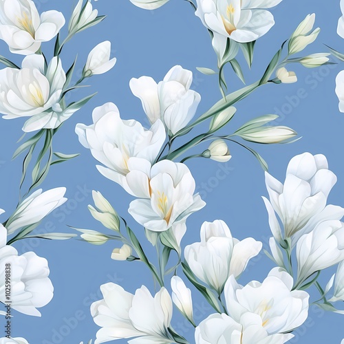 Elegant white flowers with green leaves on a deep blue backdrop for a sophisticated look.