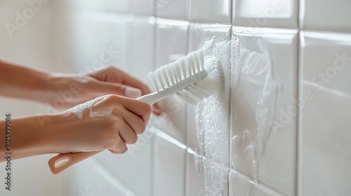 Hands cleaning the bathroom tiles with a brush and spray cleaner, captured in a detailed close-up view for emphasis on hygiene.