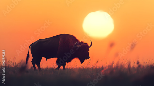 A buffalo is walking in a field with the sun in the background