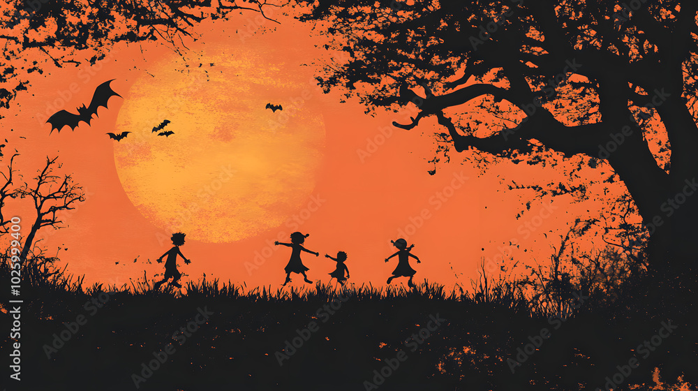 Fototapeta premium A group of children are playing in a field with a full moon in the background