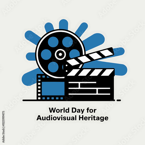  Vector illustration for World Day for Audiovisual Heritage featuring a film reel and clapperboard, highlighting the global efforts to preserve cinematic and audiovisual heritage, celebrated on Octobe