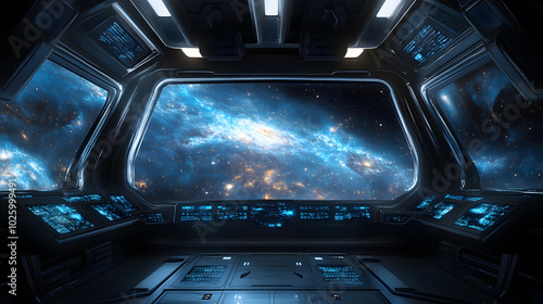 Fototapeta Naklejka Na Ścianę i Meble -  A space shuttle cockpit with a blue background and a view of the stars