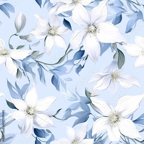 Elegant white flowers with green leaves on a deep blue backdrop for a sophisticated look.