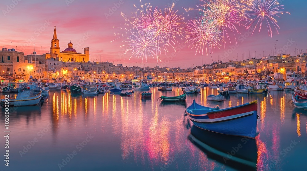 Fototapeta premium Marsaxlokk, Malta, comes alive with colorful fireworks illuminating the sky over the fishing village during the religious feast.