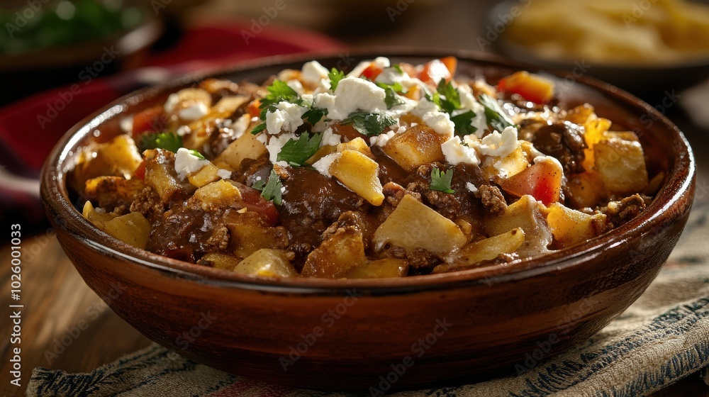 Chilaquiles topped with mole and cheese, vibrant dish, served in a rustic bowl with a festive setting Chilaquiles topped with mole and cheese, vibrant dish, served in a rustic bowl with a festive setting