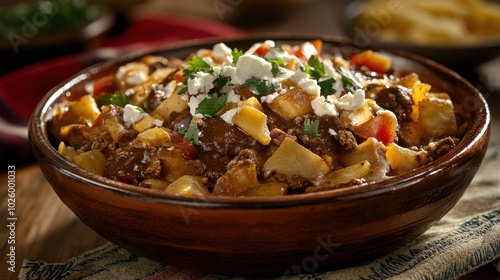 Chilaquiles topped with mole and cheese, vibrant dish, served in a rustic bowl with a festive setting