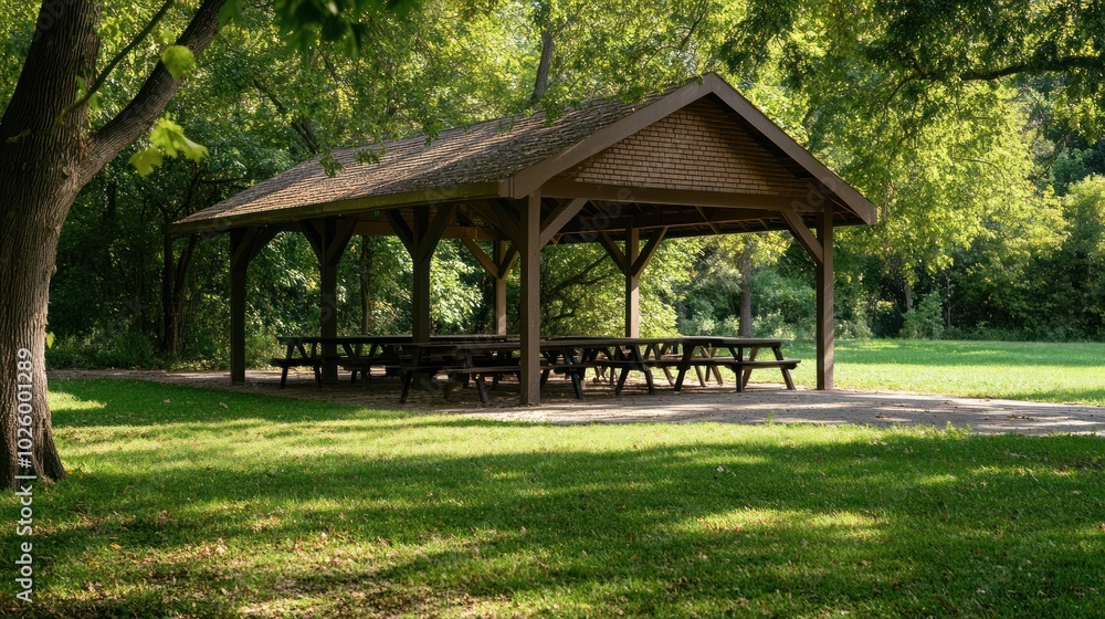 Wooden Picnic Shelter in a Green Park Wooden Picnic Shelter in a Green Park
