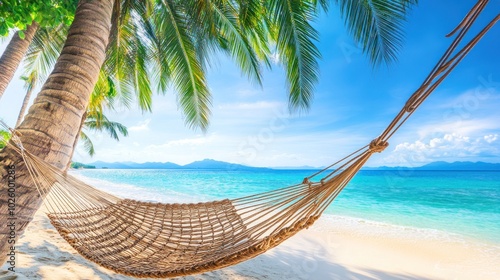 Hammock strung between palm trees on a tropical beach