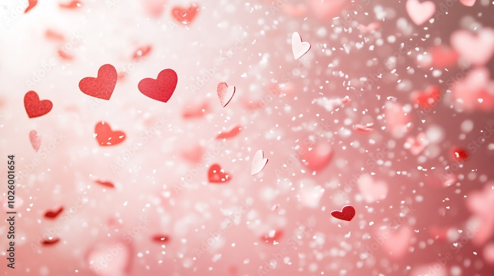 Scattered heart confetti falling like snow against pale pink background offering a clean and minimalistic look perfect for a modern Valentine's Day card Scattered heart confetti falling like snow against pale pink background offering a clean and minimalistic look perfect for a modern Valentine's Day card