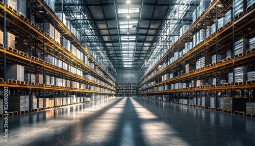 Wallpaper Mural A spacious warehouse interior with tall shelves stocked with neatly arranged boxes, illuminated by overhead lights. Torontodigital.ca