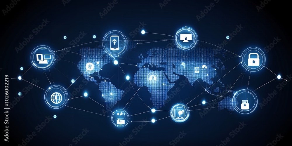 A network of glowing circles representing internet connections. A network of glowing circles representing internet connections.