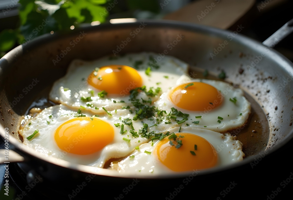 Fried eggs in skillet with fresh herbs create delicious and inviting breakfast scene. vibrant yolks and soft whites are beautifully complemented by green garnish Fried eggs in skillet with fresh herbs create delicious and inviting breakfast scene. vibrant yolks and soft whites are beautifully complemented by green garnish