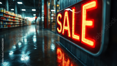 Bright red "SALE" signs glowing intensely in a dimly lit, empty store, strong reflections on the floor, rows of empty shelves in the background, sharp focus on the signs,