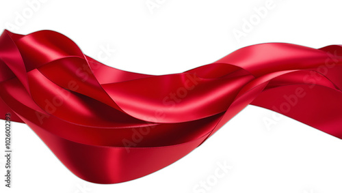 Floating red satin ribbon fabric, cut out, transparent background