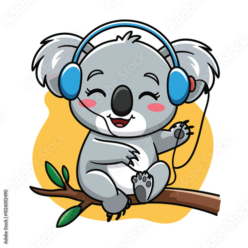 A cute cartoon of a koala with blue headphones ,vector illustration 