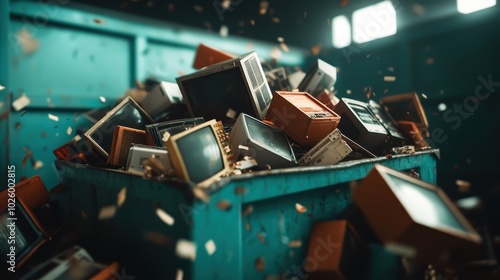 A heap of retro televisions is shown in a large dumpster, with debris falling around, symbolizing obsolescence and the shift from old media to modernity. photo