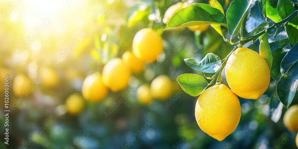 Bunches of fresh yellow ripe lemons on lemon tree branches in garden Bunches of fresh yellow ripe lemons on lemon tree branches in garden