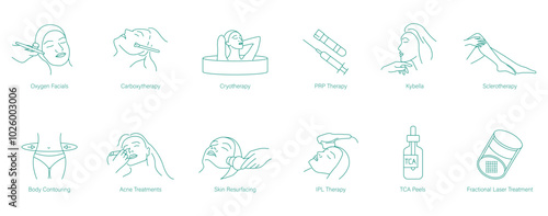 Oxygen Facials, Carboxytherapy, Cryotherapy, PRP Treatment, Kybella, Celiotherapy, Body Contouring, Acne Treatment, Skin Resurfacing, IPL Therapy, TCA Peels, and Fractional Laser Treatment Icon Set 