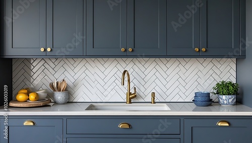 Blue kitchen cabinets with a herringbone backsplash and brass hardware