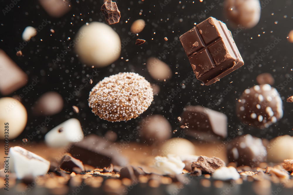 Assorted chocolate truffles and chunks of chocolate flying in midair, creating a dynamic dessert scene Assorted chocolate truffles and chunks of chocolate flying in midair, creating a dynamic dessert scene