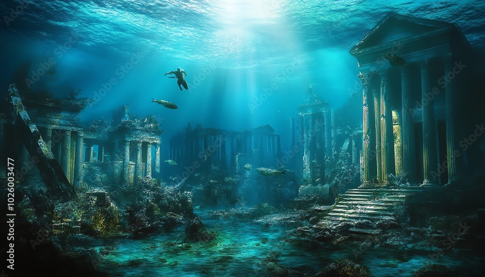 A superhero gliding through vibrant underwater cities, with shimmering lights illuminating ancient ruins, majestic marine life swimming by A superhero gliding through vibrant underwater cities, with shimmering lights illuminating ancient ruins, majestic marine life swimming by