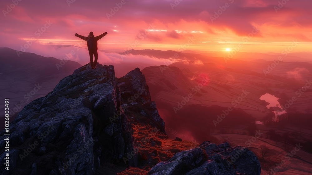 A Person Embraces the Dawn on a Mountain Peak During a Colorful Sunrise A Person Embraces the Dawn on a Mountain Peak During a Colorful Sunrise