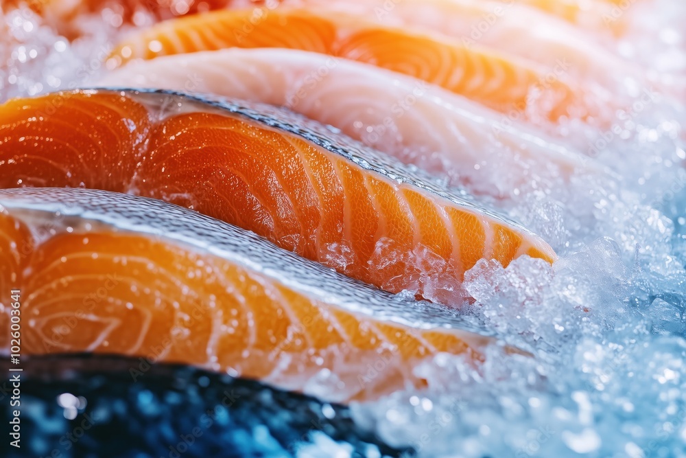 Fresh salmon fillets display vivid colors on ice, ready for seafood lovers at the bustling market in the early morning Fresh salmon fillets display vivid colors on ice, ready for seafood lovers at the bustling market in the early morning
