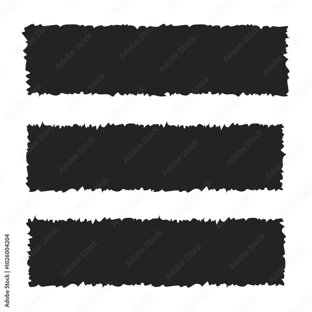 Tattered rectangle jagged edge text box, header border. Ripped and cutout paper torn strip. Collage shape of black paper silhouette Tattered rectangle jagged edge text box, header border. Ripped and cutout paper torn strip. Collage shape of black paper silhouette