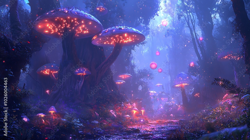 Mystical forest with glowing mushrooms and ethereal ambiance. Mystical forest with glowing mushrooms and ethereal ambiance.