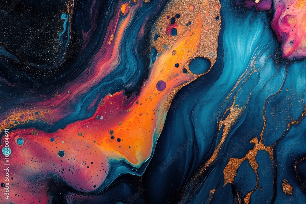 Lush patterns of bold tones, curving metallic stripes, and effervescent dabs of color characterize this organic luxe abstract fluid art created with liquid ink techniques Lush patterns of bold tones, curving metallic stripes, and effervescent dabs of color characterize this organic luxe abstract fluid art created with liquid ink techniques