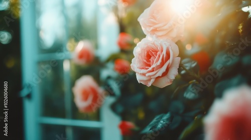 Beautiful pink roses bask in sunlight near a window, capturing the essence of a tranquil garden. Perfect for floral enthusiasts and nature admirers seeking serenity. photo