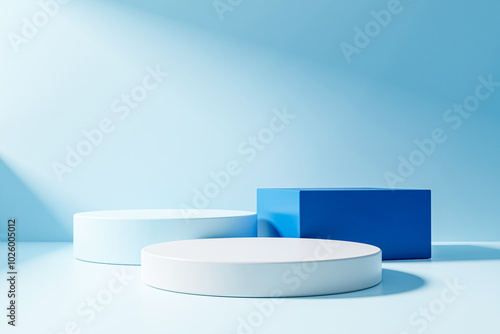 3 step blue podium on blue background, minimal concept,  showcase for product. 3D render