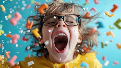 A joyful child wearing glasses is screaming in excitement while colorful confetti flies around, capturing a moment of exuberance and childhood joy. photo