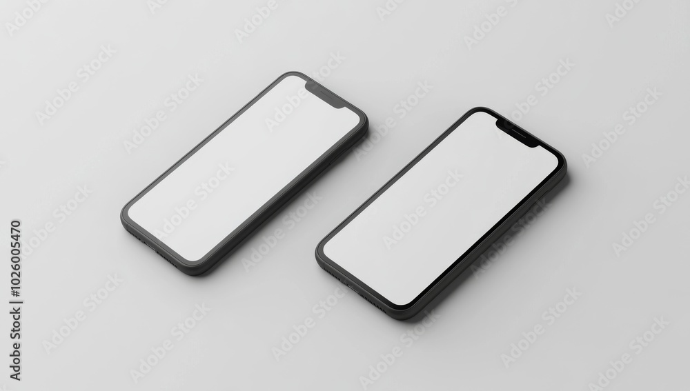 two mobile phones with white blank screen mockup on light gray background two mobile phones with white blank screen mockup on light gray background