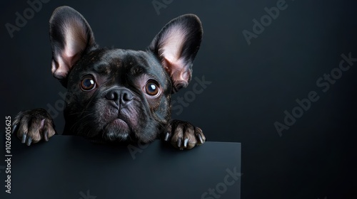 A curious black French Bulldog with large ears peeks over a black surface, set against a dark background, showcasing its glossy fur and expressive eyes. photo