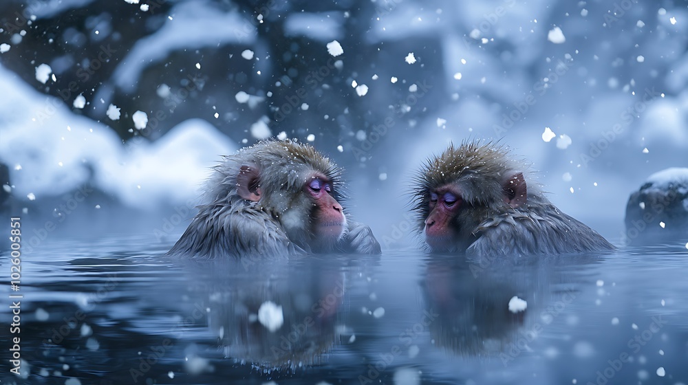 Naklejka premium Two monkeys relaxing in a snowy hot spring pool.