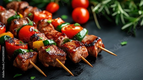 Succulent grilled skewers with savory chunks of meat and colorful vegetables, seasoned to perfection, offering a rich and flavorful dining experience for food lovers. photo