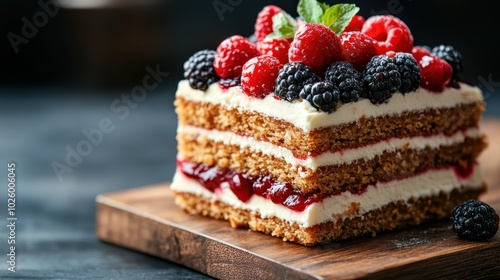 A scrumptious multi-layered cake with rich cream and vibrant berry fillings, decorated with fresh raspberries, blackberries, and mint leaves, ideal for dessert lovers.