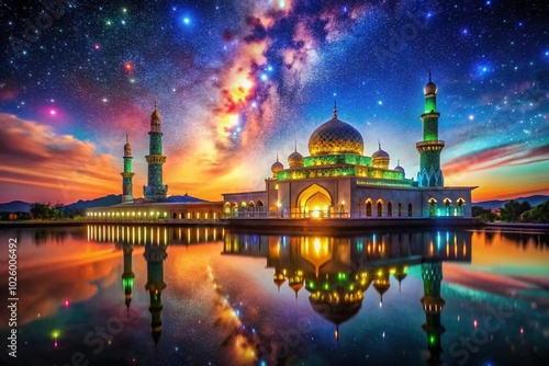 Wallpaper Mural Stunning Colorful Mosque at Night - Surreal Photography with Generative AI Art for Dreamlike Visuals Torontodigital.ca