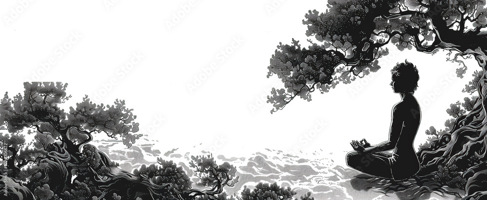Fototapeta premium Pencil drawing of a girl doing yoga in the forest with space for text, silhouette of a person in a park