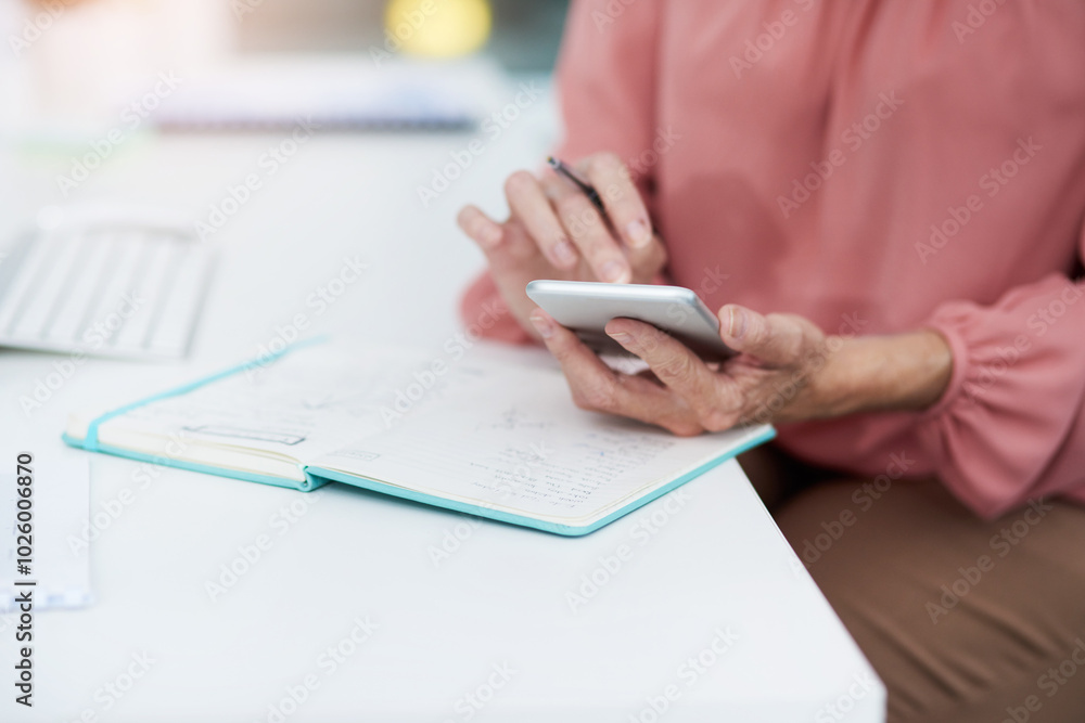 Woman, hands and phone in office for planning, schedule and calendar update in app for business. Mature assistant, mobile or book at desk for appointment management, company research or communication Woman, hands and phone in office for planning, schedule and calendar update in app for business. Mature assistant, mobile or book at desk for appointment management, company research or communication