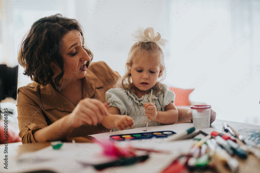 A mother and her young daughter enjoy a craft activity together at home. The scene depicts bonding through creative play and learning with paints and supplies on the table. A mother and her young daughter enjoy a craft activity together at home. The scene depicts bonding through creative play and learning with paints and supplies on the table.