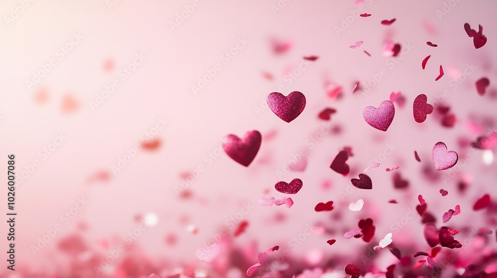 Heartshaped confetti soft shades of pink and red gently falling over a pale pink minimalistic background creating a light and romantic Valentine's Day card design Heartshaped confetti soft shades of pink and red gently falling over a pale pink minimalistic background creating a light and romantic Valentine's Day card design