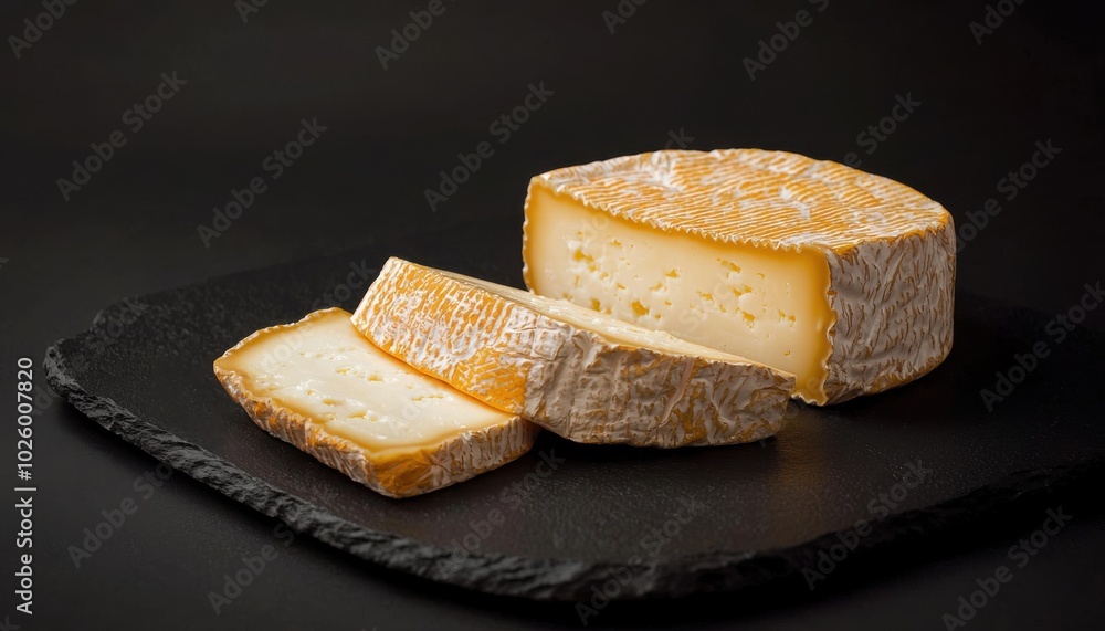 A round cheese wheel with two slices cut, showcasing its creamy texture and rind against a dark background. A round cheese wheel with two slices cut, showcasing its creamy texture and rind against a dark background.