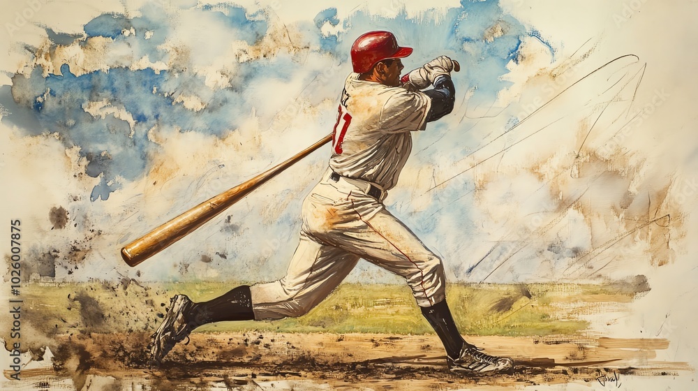 Naklejka premium Athlete striking baseball, colorful art style