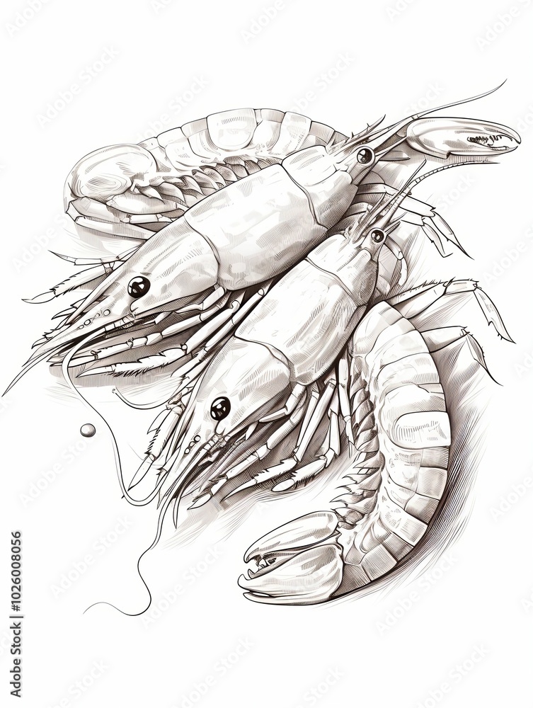 Three Detailed Drawings of Prawns with White Background Three Detailed Drawings of Prawns with White Background