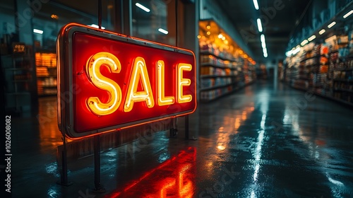 Glowing neon "SALE" signs in red and white, positioned in a deserted retail store, bright light creating reflections on the shiny floor, soft ambient light, empty shelves in the background,