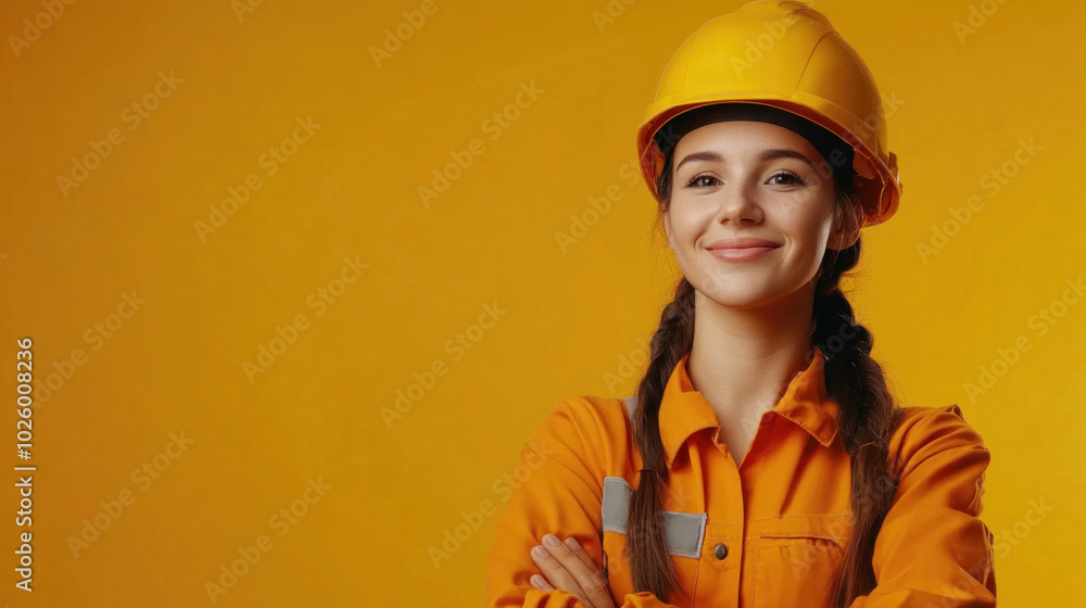 Woman in orange shirt and yellow helmet climbing a steep rock wall, her determined expression showing focus and strength.