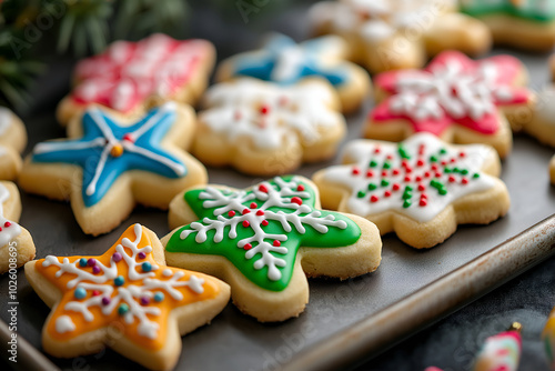 Holiday Sugar Cookies with Colorful Icing, A tray of festive sugar cookies, shaped like snowflakes, stars, and bells, decorated with bright icing and sprinkles, Holiday season dessert food photography