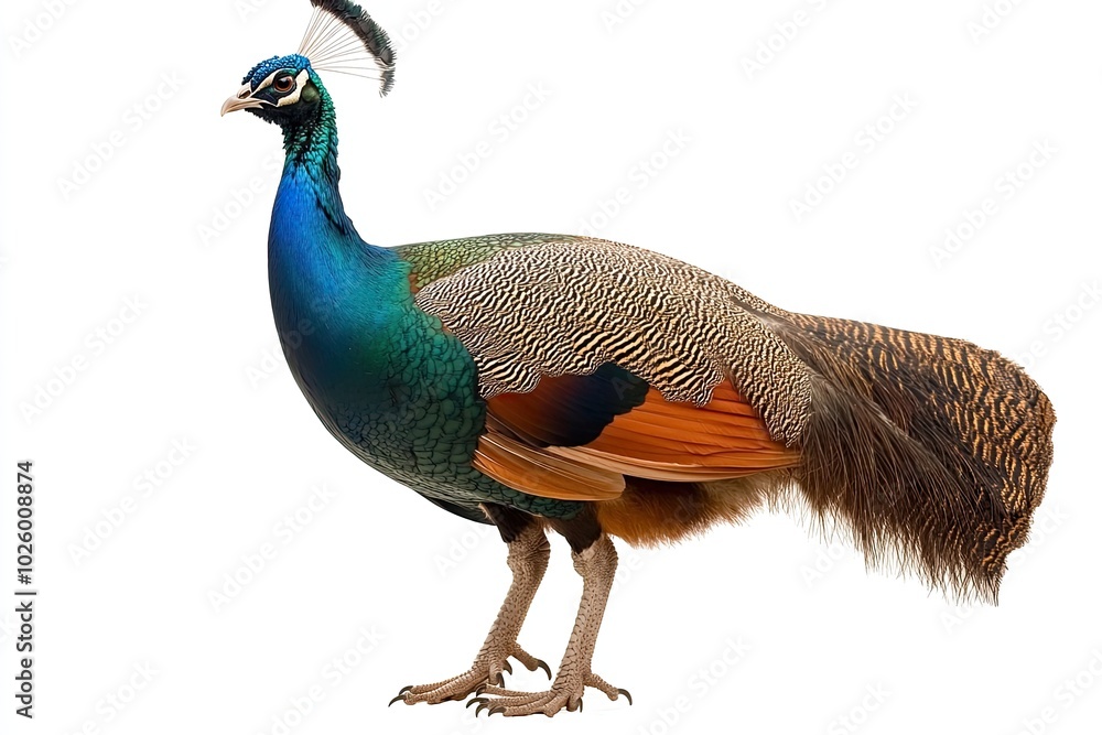 Fototapeta premium Female Indian Peafowl (peahen). Isolated over white